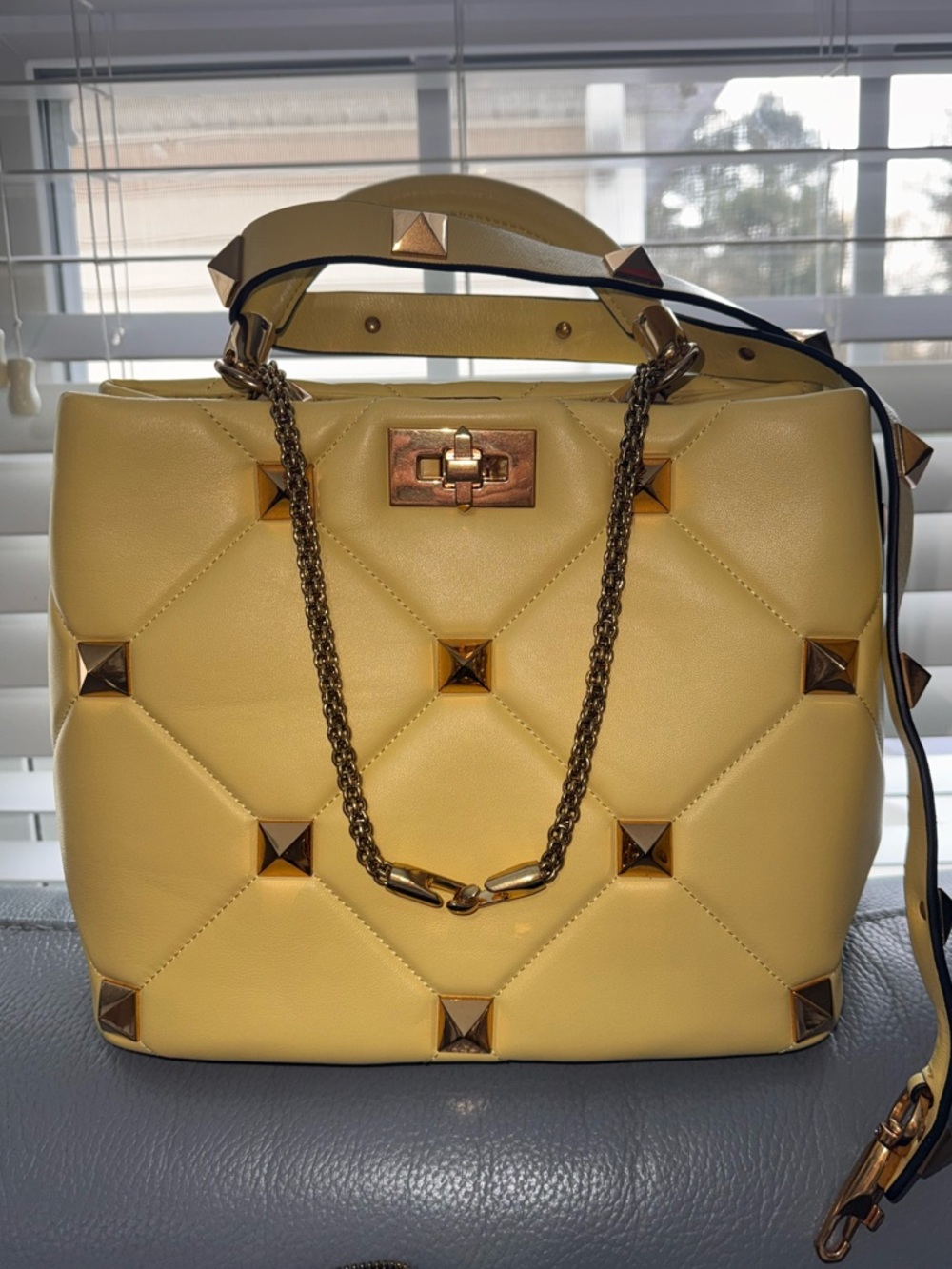 Valentino Garavani Pale Yellow Quilted Studded Top-Handle Crossbody